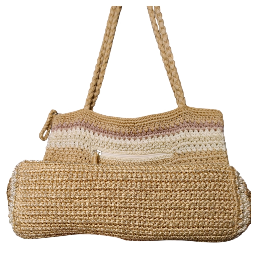 The Sak Beige Tan Pink Striped Knit Crochet Large Boho Tote Bag Handbag Purse - Picture 5 of 8